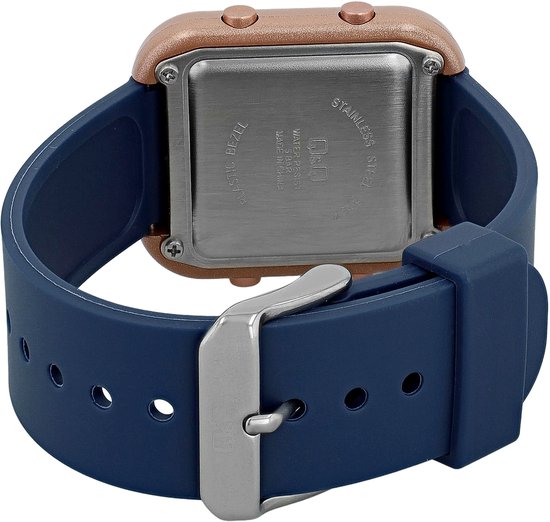 Achterkant van een digitaal horloge met donkerblauwe siliconen band en roségouden kast. RVS achterdeksel met Q&Q logo.