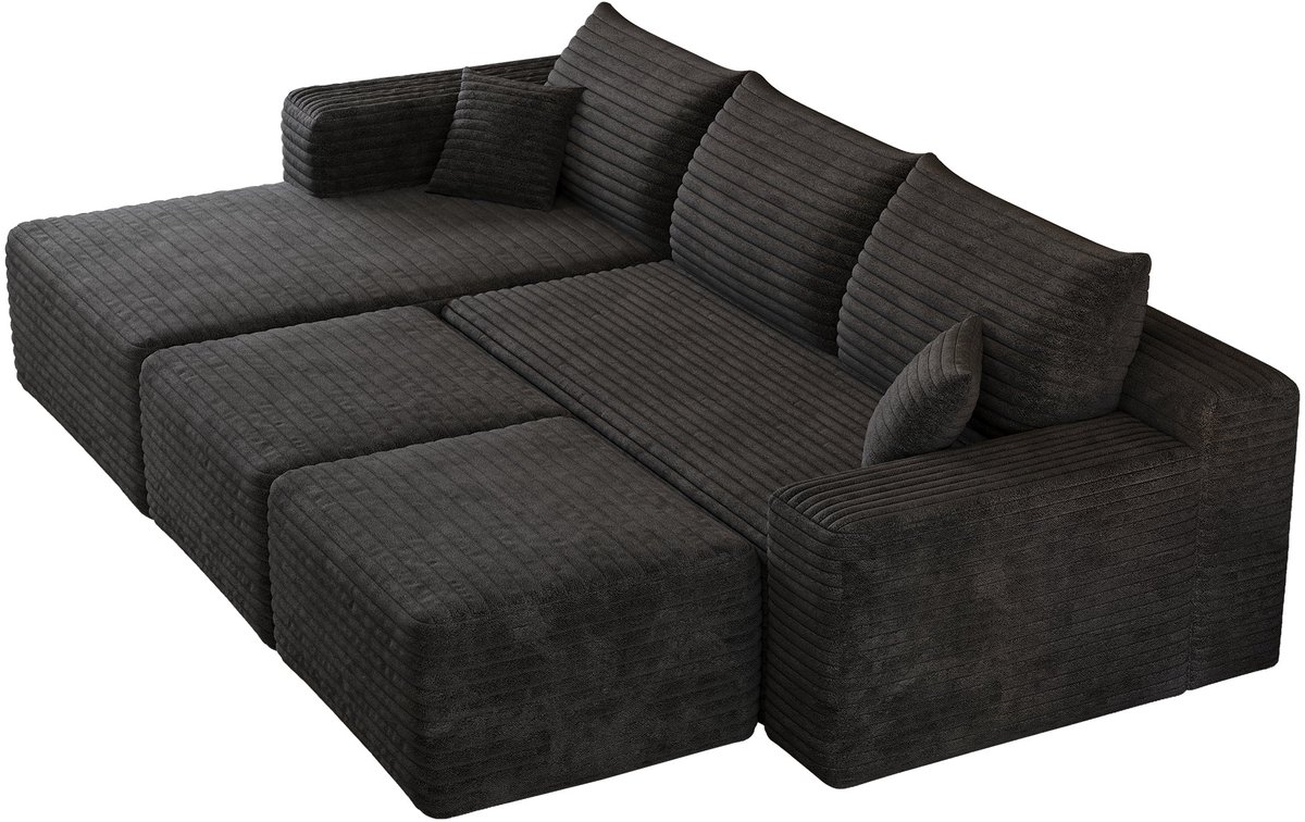 Merax L-Vormige Hoekbank Zwart - 5-Zits Wolkenbank met Chaise Longue Links en 2 Hockers - Zachte Ribstof - Geen Montage Nodig