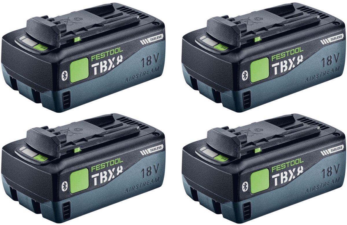 Festool accuset 4x BP 18 TBX 8 ASI Tabless accupack 18 V 8,0 Ah (4x 578746) 8000 mAh Li-ion met laadindicator