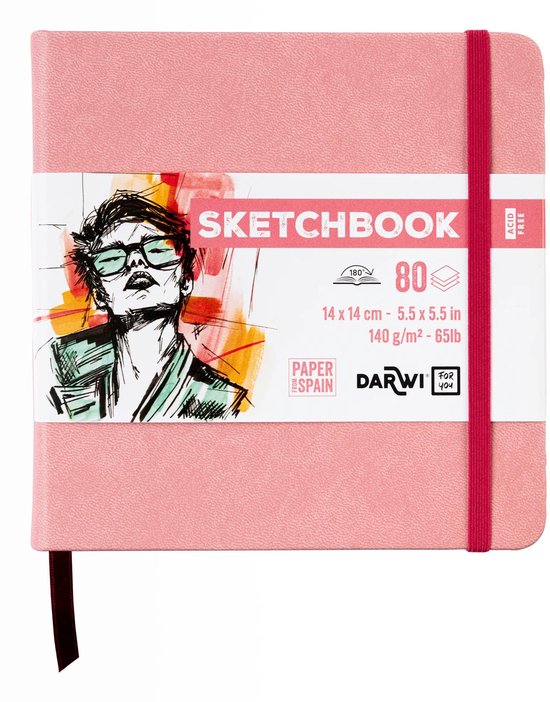 Roze schetsboek met rode elastiekband. Voorzien van een band met een tekening van een persoon en "SKETCHBOOK 80 14 x 14 cm 140 g/m² - 65lb".