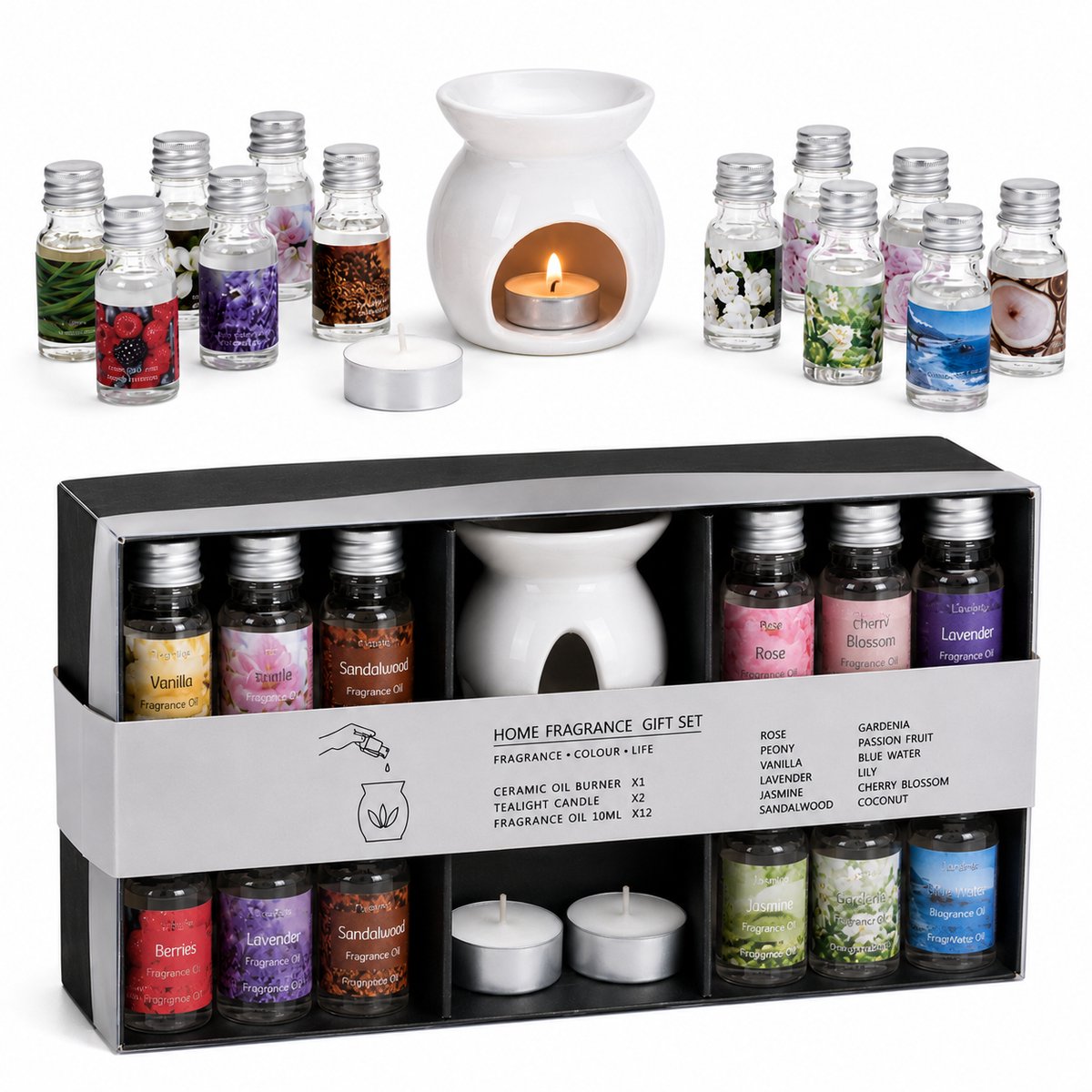 EasyMart Geurbrander Set - Keramische Aromabrander & Oliebrander met 12 Geuroliën en 2 Waxinelichtjes - Huisparfum Cadeauset - Kerstcadeau — cadeau in Wonen & Interieur - foto 2