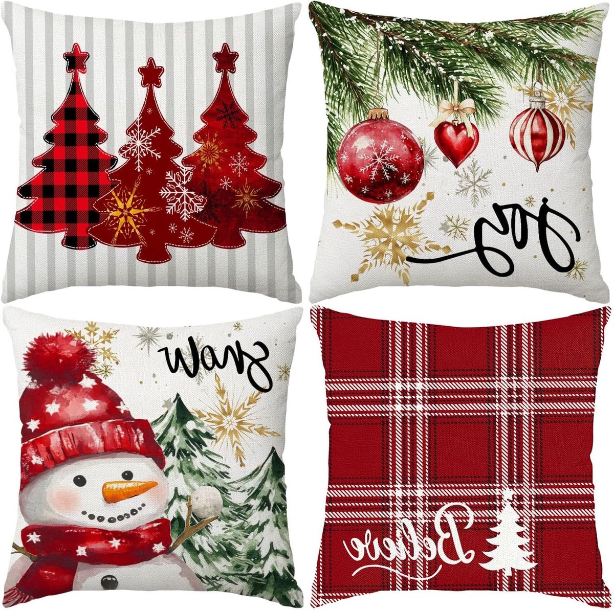 Decoratieve Kussenhoezen voor Kerstmis 45 x 45 cm, Set van 4 met Boerderijthema, Rood Buffalo Ruit en Sneeuwman Motief voor de Bank