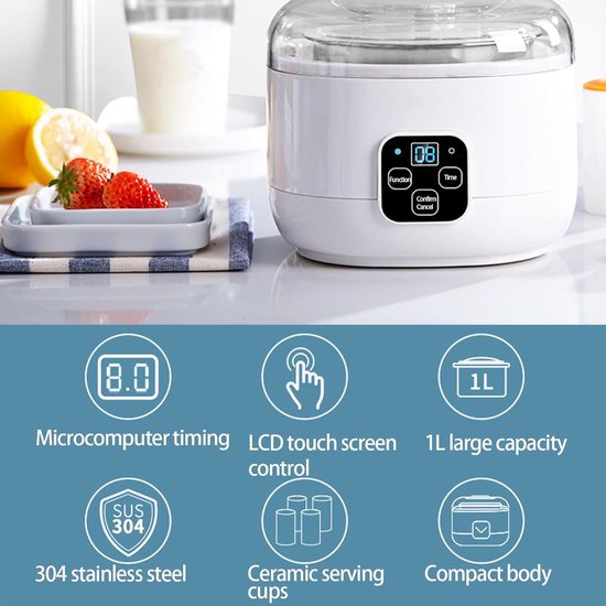 Yoghurtmaker - Fermentatie apparaat - Thuis Yoghurt Maken - Constante Temperatuur Controle - 1 Liter Capaciteit - Wit — afbeelding 5
