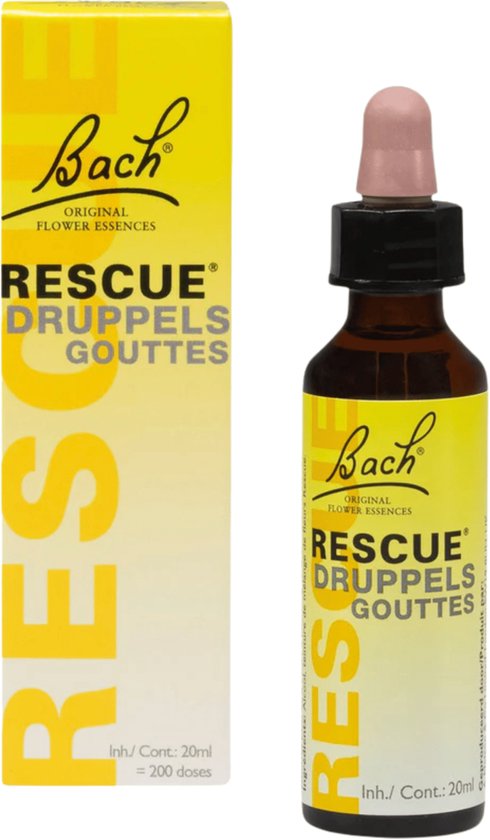 Gele doos en bruin flesje met druppelaar. "Bach RESCUE DRUPPELS GOUTTES" op de verpakking en fles.