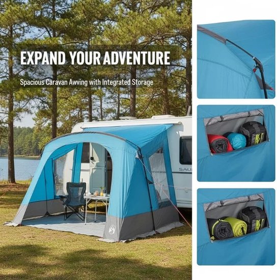 Miryx Tunneltent - Caravan-tent - Tent Voor 5 Personen - Auto - Luifel - Camping - Caravan Accessoires - Blauw Dak - 410 x 275 x 245 cm — afbeelding 4