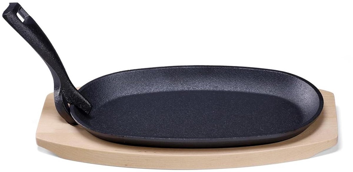 Gietijzeren Serveerpan - Ovenschaal Grillpan - Warm Eten Serveren - Met Houten Onderzetter - 280x130mm - Zwart