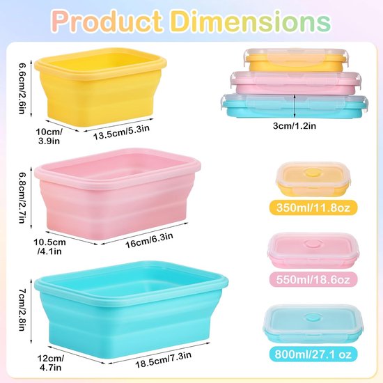 Opvouwbare Campingkommen - Platte Lunchboxen - Voedsel Bewaren - Lekvrij en Vershoudend - 350 550 800 ml - Geel Roze Mint — afbeelding 3