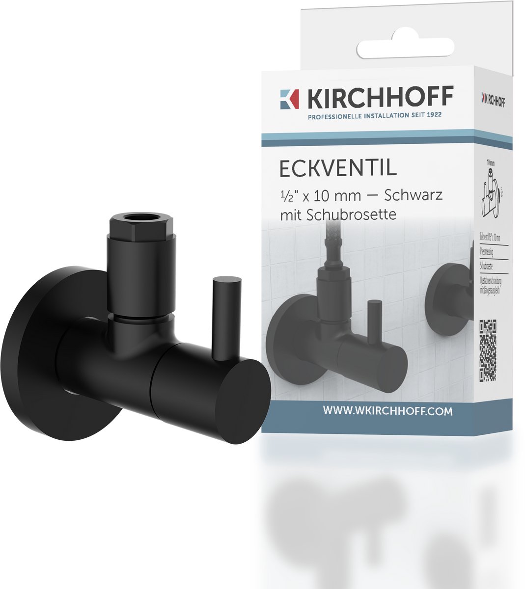 KIRCHHOFF Hoekstopkraan Rond - Van Messing Met Rozet - 1/2"x 3/8" of 10 mm - Mat Zwart