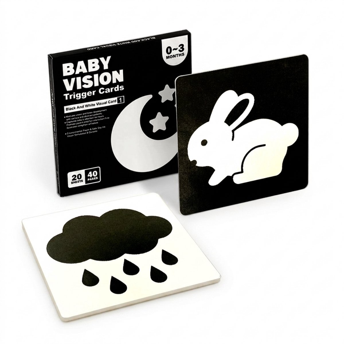 0 tot 3 / Baby ziet ontwikkel Kaarten (20 stuks) - Hoog Contrast - Montessori speelgoed - Zwart/wit baby kaarten - Educatie kaarten - Visuele stimulatie - Met veilige soja-inkt