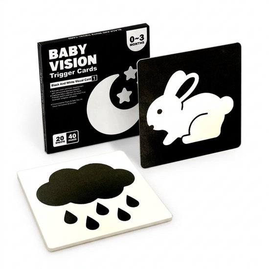 Babys vision trigger kaarten, zwart en wit. Met een maan en sterren, een konijn, en een wolk met regen.