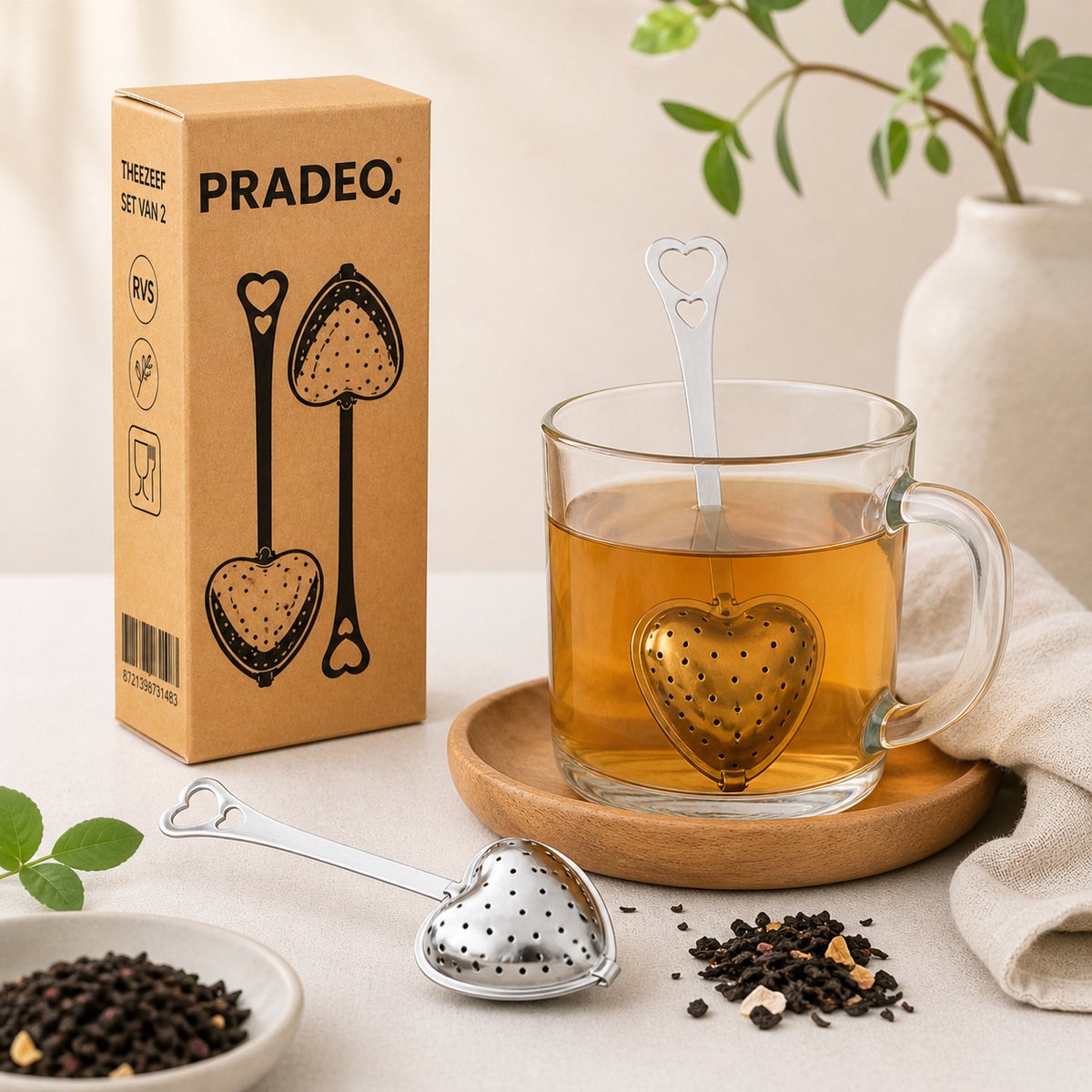 Pradeo - Set Van 2 Stuks - Thee Infuser - Theezeef - Hart - Hartje - Thee-ei - Thee - Zeef - Ei - Infuser - Voor Verse Kruiden Thee - Tea Infuser - Ook Geschikt Voor ijsthee - RVS
