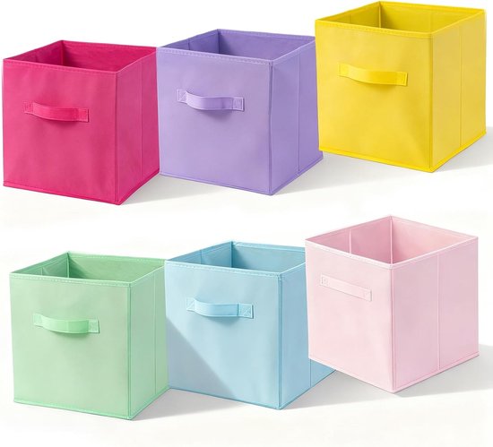 Zes opvouwbare opbergdozen: roze, paars, geel, lichtgroen, lichtblauw en lichtroze.