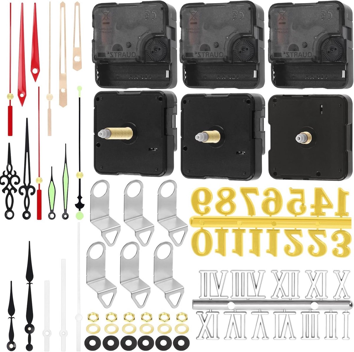 6-delige uurwerkmechanisme kit met 3 verschillende maten, 6 wijzers, 6 haken en montagemateriaal voor DIY klokken