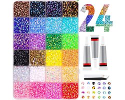 (Je hebt t ook goedkoper op Temu) Luxe Strasssteentjes Set -24000 stuks - 24 kleuren - Strass stenen in doos - DIY Strasstenen - afm 3mm - Lijm met pincet - plaksteentjes - voor ambacht, kleding, mokken, schoenen, stof, nagelkunst