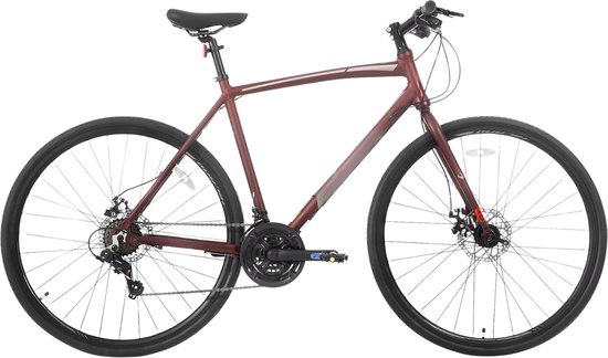 Rode racefiets met lachere accenten, 14 versnellingen en schijfremmen.