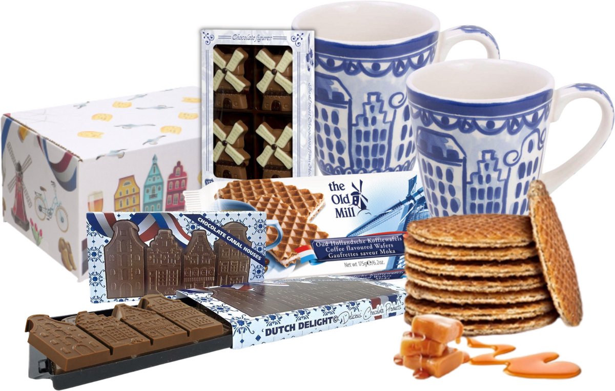 Cadeaupakket Blond Amsterdam - 2 mokken 350 ml - Delfts blond - thema grachtenpanden & molens - stroopwafels - Holland souvenir - Hollandse cadeautjes - bedankt juf