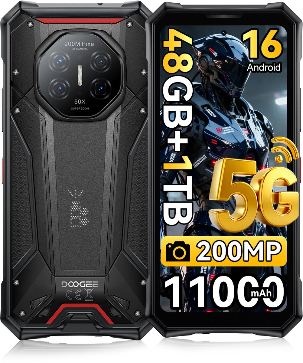DOOGEE S300 Plus Robuuste smartphone 5G - 6.78 inch FHD+ 120Hz - 48GB RAM - 1TB ROM - 11000mAh 120W - Android 16 - 200MP+36MP Camera - Outdoor Smartphone IP68/IP69K - Dual Sim Telefoon - NFC GPS - Zwart