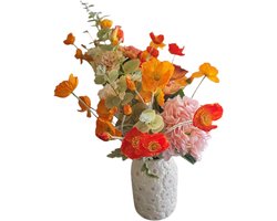 DeZijdeBloem Sunset Bliss Boeket – Oranje/Rood/Roze – Luxe Zijden Kunstbloemen – 8 Stelen – ±60 cm - Moederdag - Valentijnsdag - Moederdag cadeau - Kunst boeket