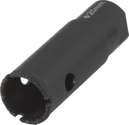 Zwarte diamant boor met een diameter van 25 mm en grof zaagprofiel.