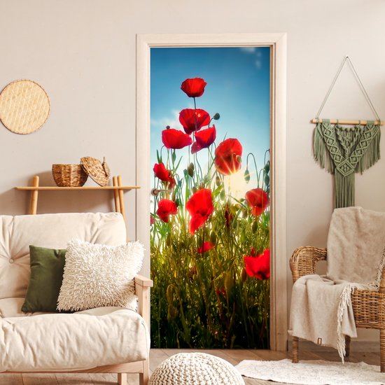 Sticker pour porte Coquelicots - Toscane - Soleil - Rouge - Blauw - 75x205 cm - Affiche de porte