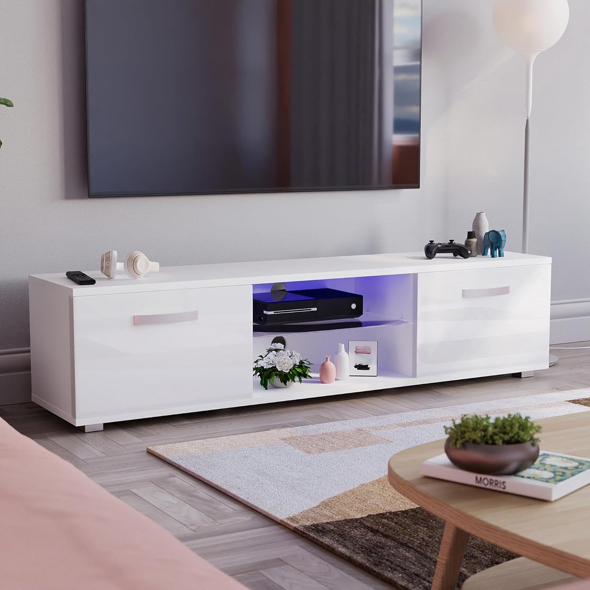 Cosmo Luxe LED TV-Meubel 160 cm met RGB Verlichting, 2 Deuren, Modern Glans/Mat MDF Design, Woonkamer TV Kast 160x40x38 cm Wit – Casa Dorada