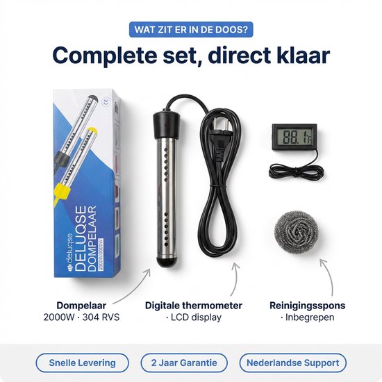 Deluqse Dompelaar - 3000W - Emmerdompelaar - Dompelaar voor Zwembad - Reisdompelaar - Met Staalspons en Thermometer - Dompelaar Waterkoker - Zwembad Verwarming - Water Verwarmer van Deluqse — afbeelding 5