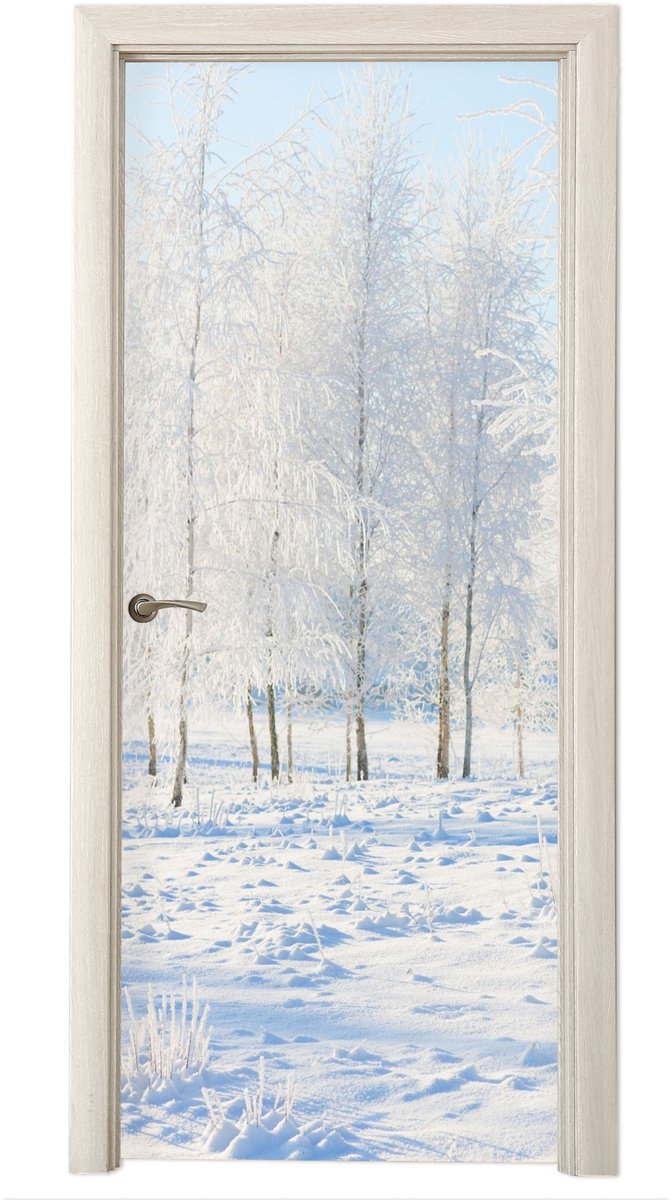 Deurposter 80x215 cm - Deursticker Sneeuw - Bomen - Winter - Meubelfolie zelfklevend - Deu