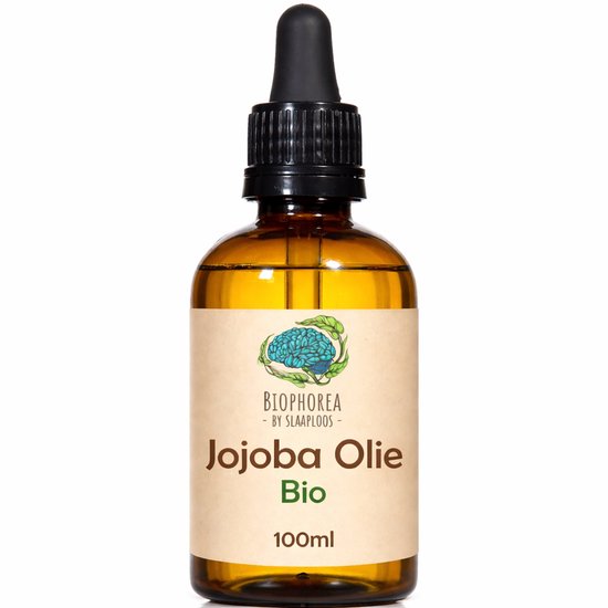 Bruine glazen fles met druppelaar en bruin label met "Biophorea Jojobaolie Bio 100ml".