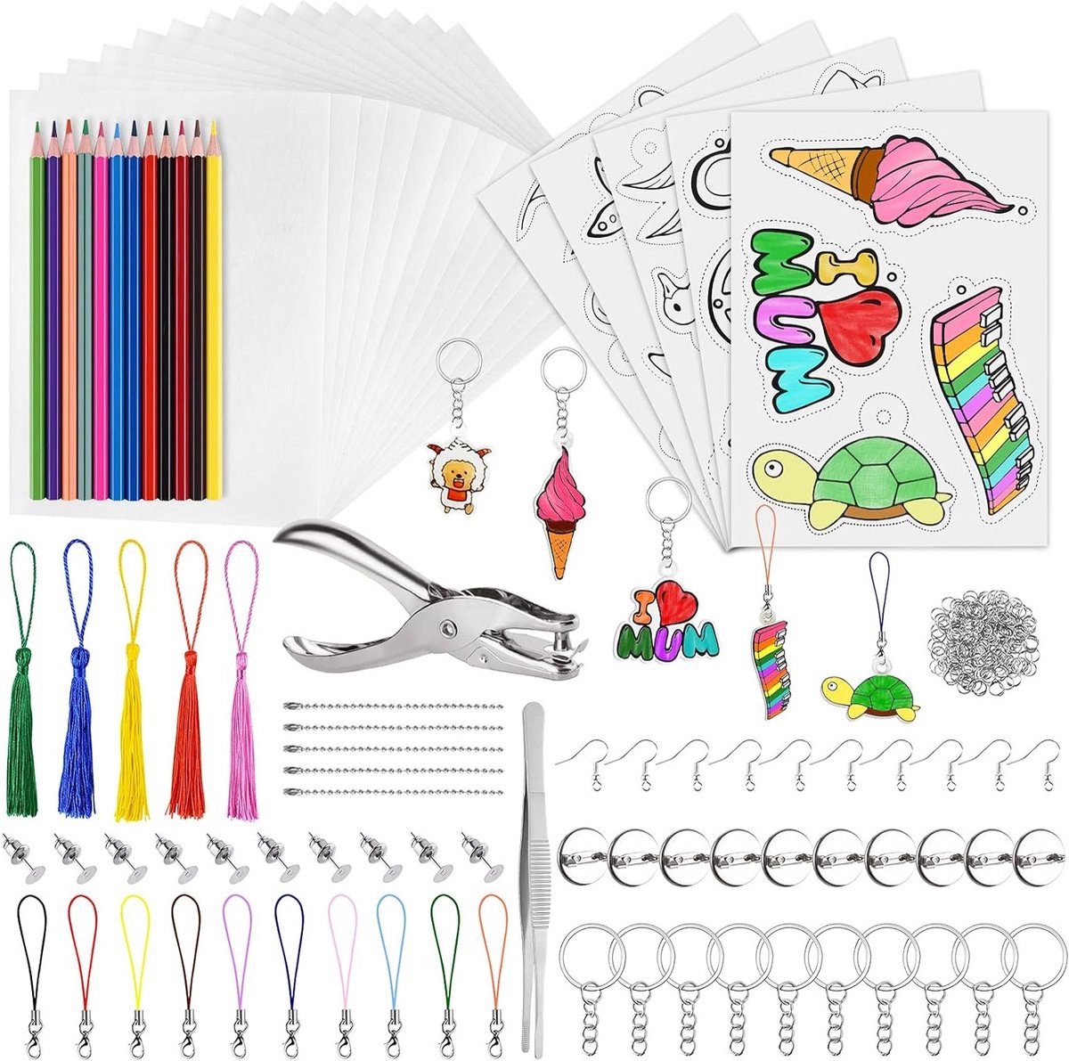 Shrink Plastic Kit voor Creatieve DIY Ornamenten - Inclusief Blind Shrink Paper, Punch, Pincet en Potloden - Perfect voor Ambachtelijke Projecten en Sleutelhangers, 194 Stuks