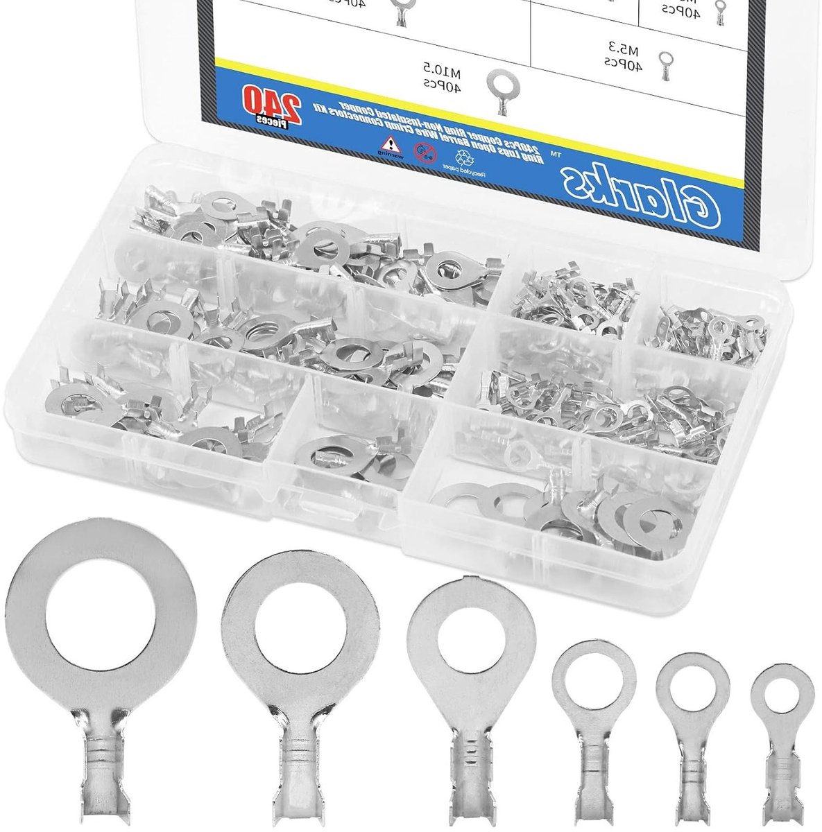 Set van 240 stuks koperen ringen kabelschoenen, niet-geïsoleerd, open schacht, draad krimpconnector set voor elektrische verbindingen en reparaties.