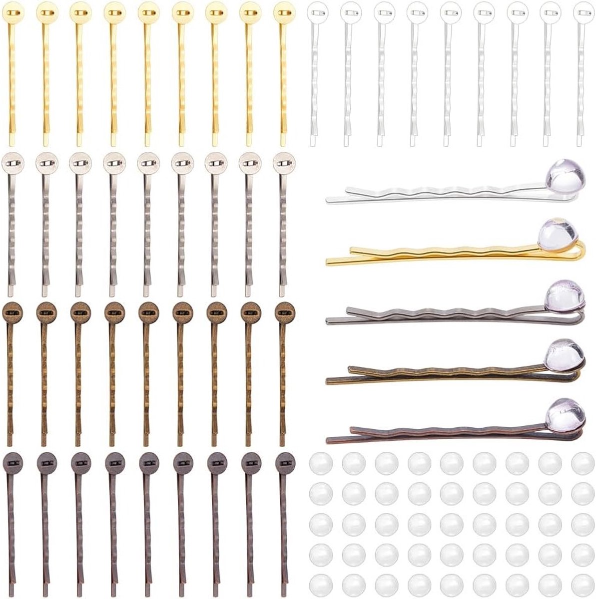 50 sets haarclips in 5 kleuren, 50 barrettes en 50 glazen cabochons voor DIY haaraccessoires en knutselen