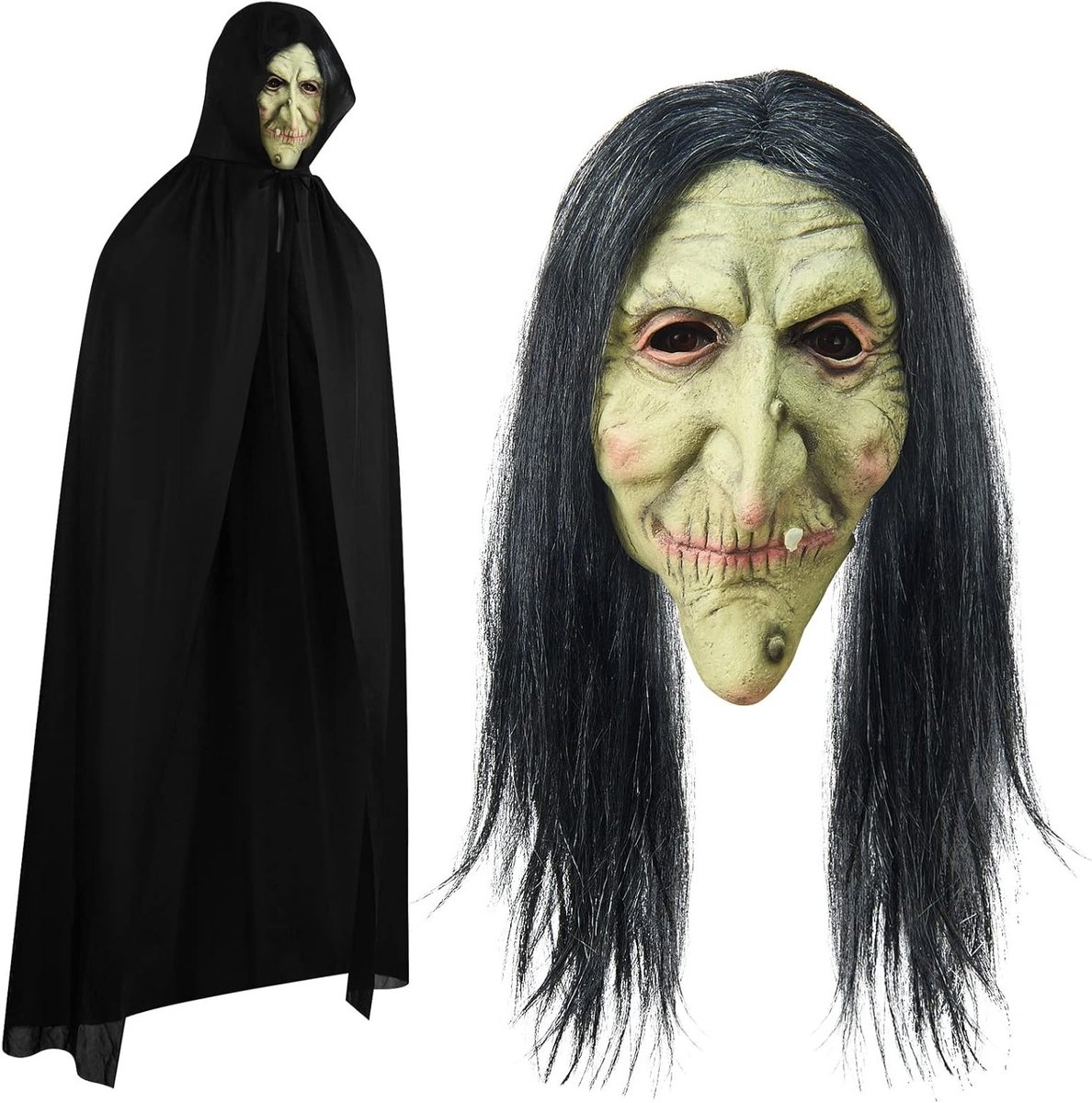 Griezelig Halloween Masker en Kostuum voor Volwassenen met Zwarte Cape en Hoody voor Cosplay en Feestjes