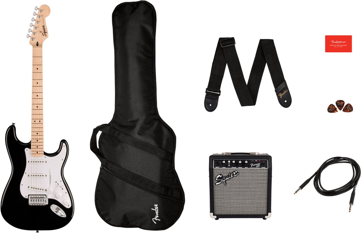 Squier Sonic Stratocaster Pack MN Black Elektrische Gitaar Starterset met Versterker