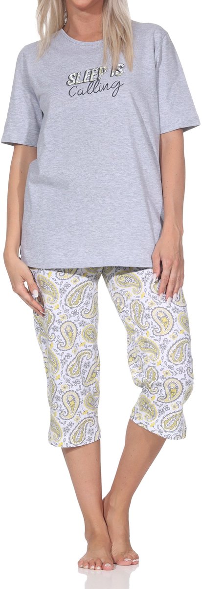 Normann dames capri pyjama korte mouw met frontprint & paisley ook in grote maten grau-mel.