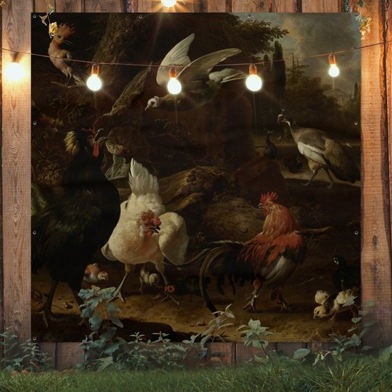 Tuinposter 200x200 cm - Tuindecoratie Vogels in een park - Schilderij van Melchior d'Hondecoeter - Poster voor in de tuin - Buiten decoratie - Schutting tuinschilderij - Tuindoek muurdecoratie - Wanddecoratie balkondoek
