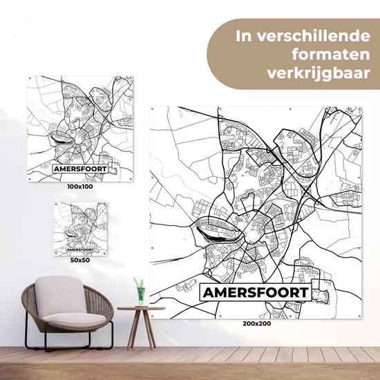 Tuinposter 50x50 cm - Tuindecoratie Kaart - Amersfoort - Zwart - Wit - Poster voor in de tuin - Buiten decoratie - Schutting tuinschilderij - Tuindoek muurdecoratie - Wanddecoratie balkondoek