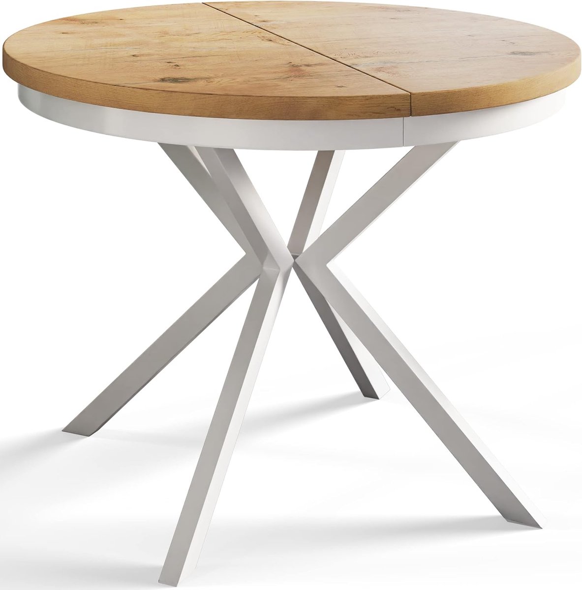 Uitschuifbare Ronde Eettafel 90-170 cm x 76 cm – Walnootlook Tafelblad & Witte Metalen Poten – Scandinavisch Design – 4-6 Personen – Krasbestendig & Compact – Laura