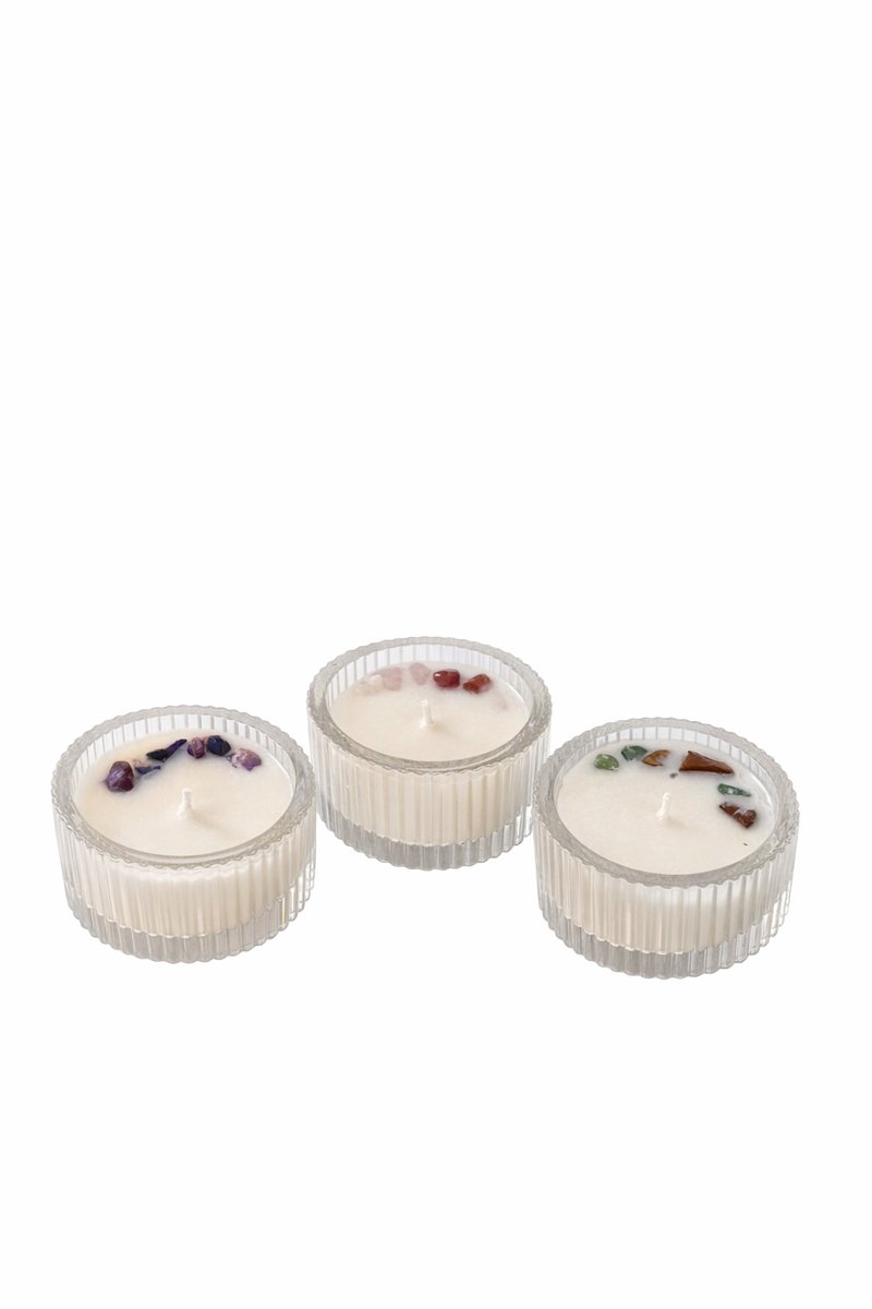 Kristalkaars Mini Set | 3 Handgemaakte Sojakaarsen met Edelstenen Mini Sojakaars met Edelstenen | Handgemaakt Cadeau | Kristalkaars in Glas