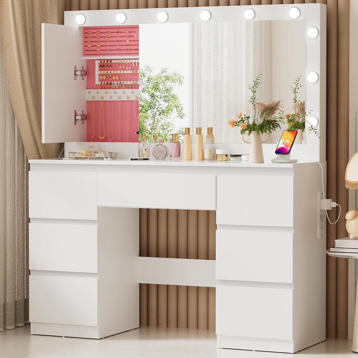 Luxe Hollywood Kaptafel met LED Verlichting, Spiegel en 7 Lades 120x40x140 cm