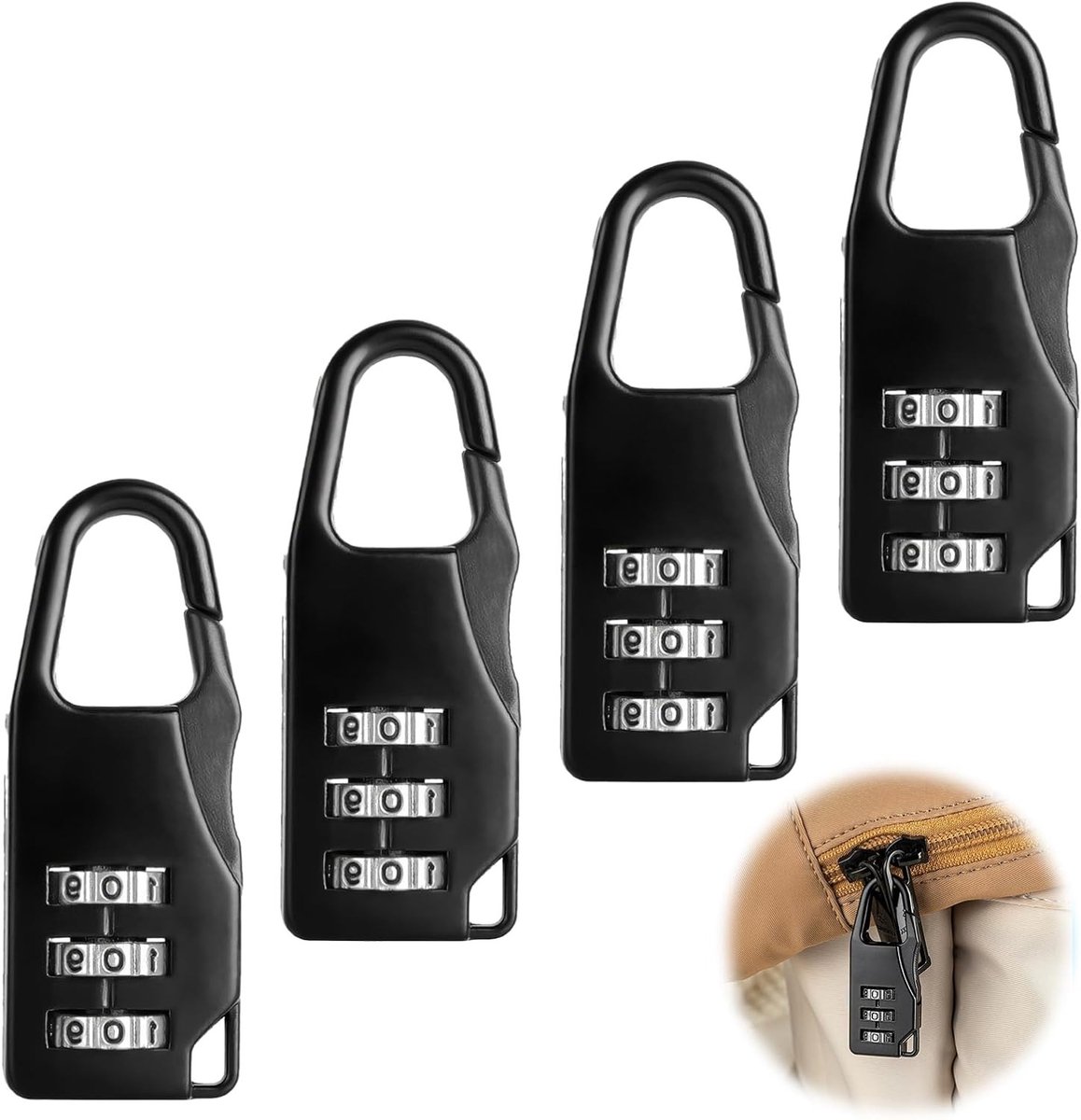 Set van 4 weerbestendige combinatiesloten, mini hangsloten met 3 cijfers, ideaal voor bagage, koffers en rugzakken, eenvoudig te monteren en veilig in gebruik