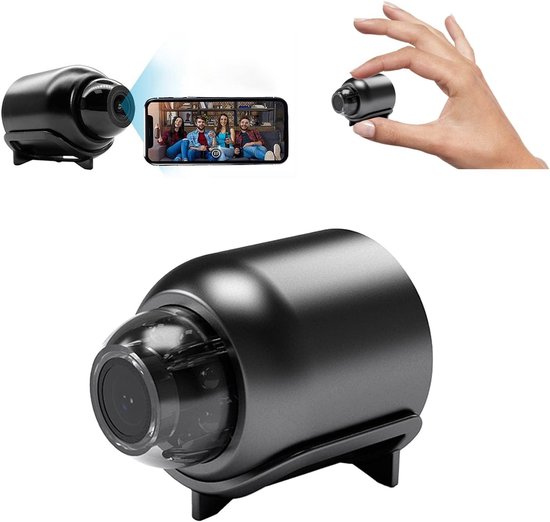 Collage van een kleine zwarte camera, met een weergave op een smartphone van gezinsleden op een bank.