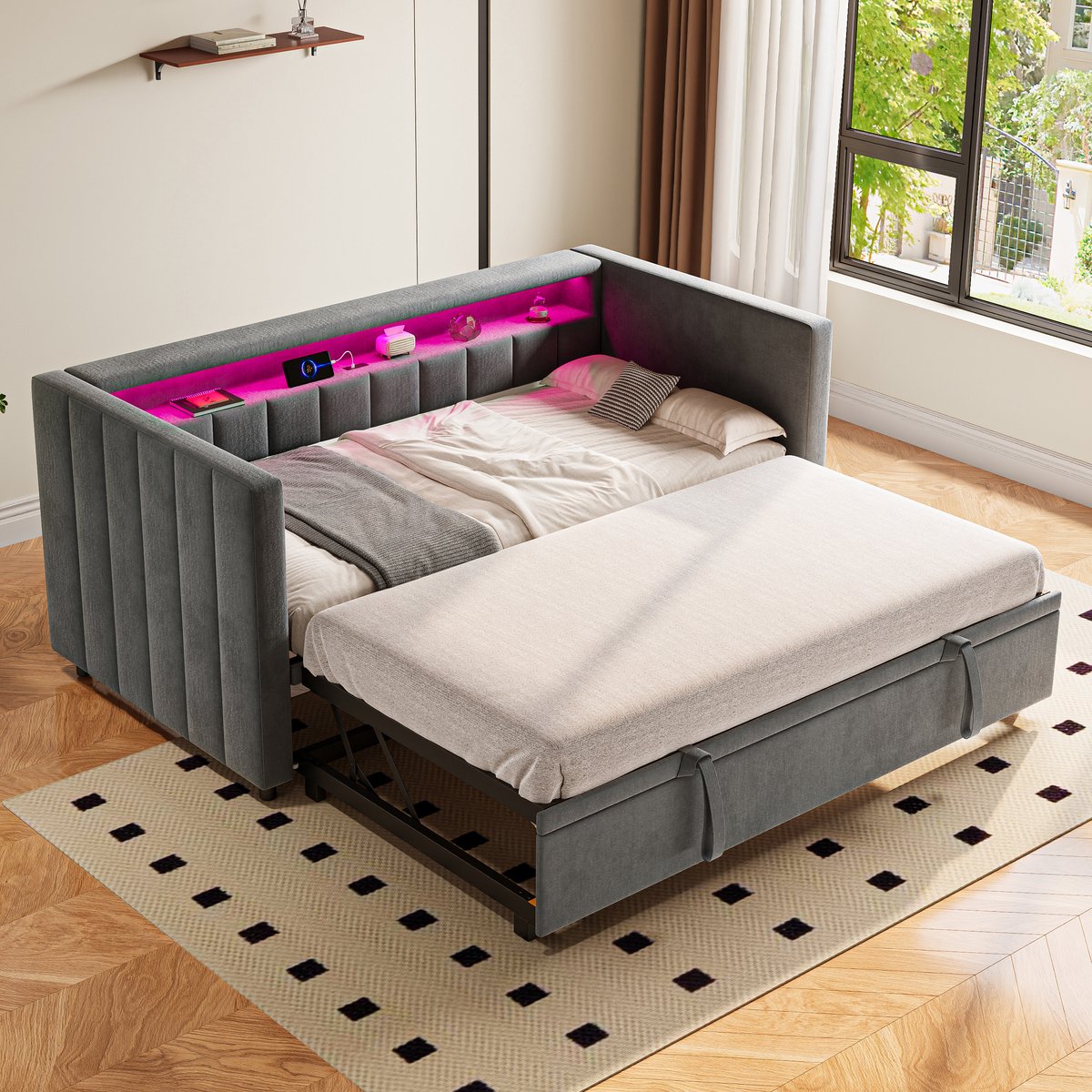 MODFU Slaapbank Uitschuifbaar – 90x190 cm – LED & USB-C – Met Legplank – Fluweel – Donkergrijs