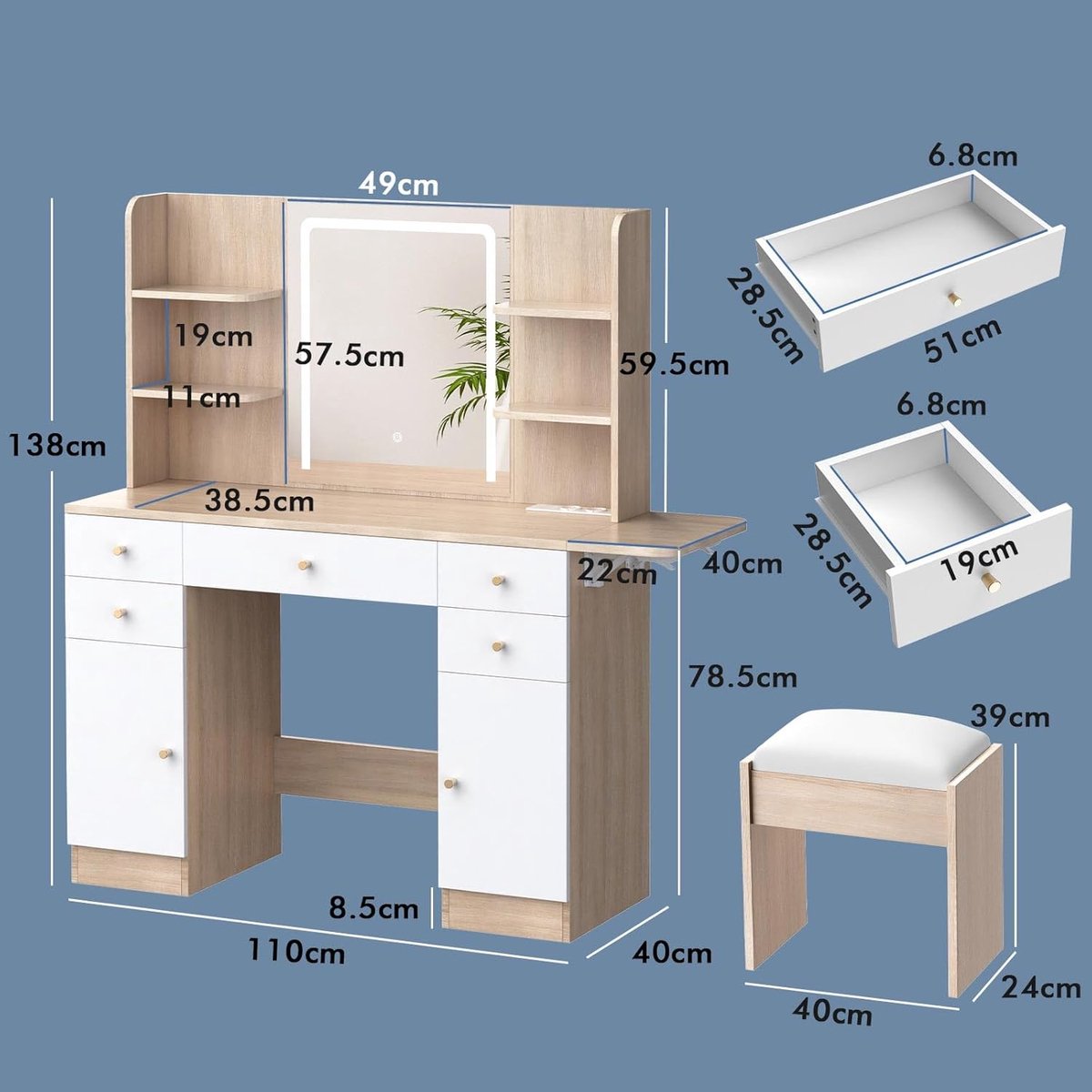 Make-uptafel met LED Spiegel en Laadstation – Kaptafel met 5 Laden, 2 Kasten, 6 Planken en Opbergkruk – Moderne Houten Design – 110x40x138 cm – Houtkleur – abtkantoor