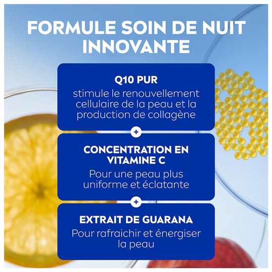 Illustratie van huidverzorgingsingrediënten: Q10 Pur, Vitamine C en Guarana.