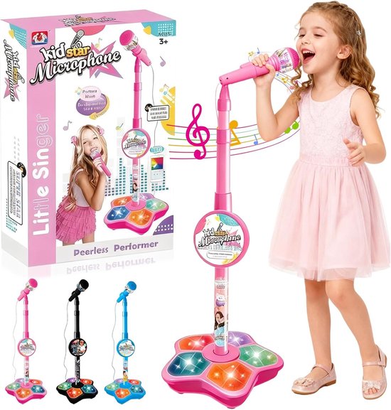 Taishengda - Speelgoedmicrofoon - Roze - Microfoon op statief - Karaoke-machine voor kinderen - In hoogte verstelbaar - Met verlichting - Speelgoed Feest Microfoon - Cadeau - Geschikt Voor Jongens en Meisjes