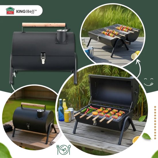 KINGHoff Grill - Draagbare Houtskoolbarbecue Grill - Camping BBQ met Deksel - Opvouwbare Tafelgrill - Reis BBQ met Ventilatie - Compacte Barbecue voor Balkon & Camping - Gepoedercoat Staal - ca. 41 x 25 x 38 cm - Zwart van Merkloos — afbeelding 4
