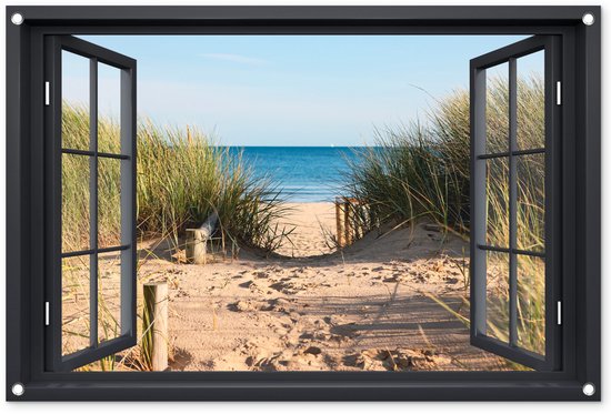 Tuinposter raam - Doorkijk - Strand - Natuur - Zee - Duinen - Planten - Tuindecoratie - Tuindoek - Tuinschilderij voor buiten - Schutting decoratie - Schuttingdoek - 90x60 cm - Tuin - Tuinposters