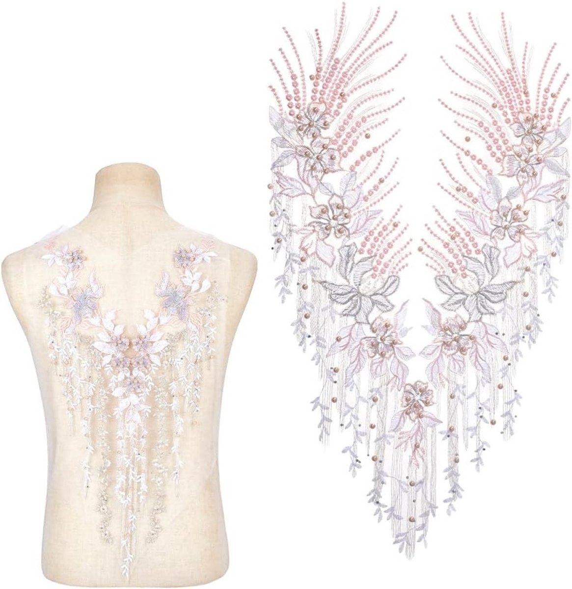 2 Stuks Bloem Patches, Geborduurde Tulle Kant Patches voor Bruidsjurk, DIY Kleding Accessoires, Roze, Handgemaakt Versieringen