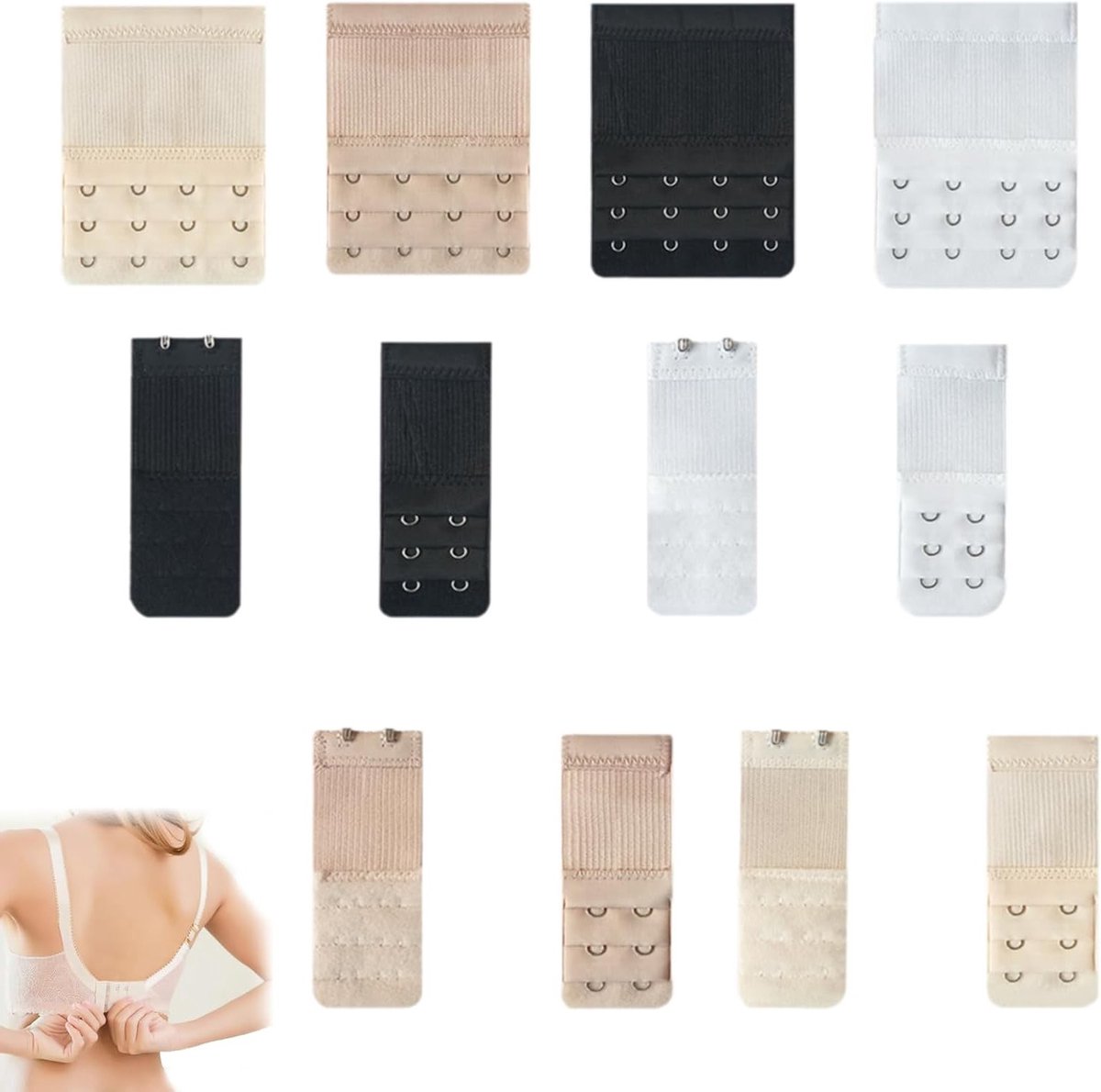 Set van 12 Bh Verlengingen – Bh Band Verlengers met 2 Hoeken en 4 Hoeken – Verstelbare Bh Extensies in Wit, Beige, Huidskleur en Zwart – Comfortabel voor Zwangerschap en Gewichtstoename