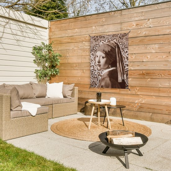 Tuinposter 60x80 cm - Tuindecoratie Meisje met de parel - Johannes Vermeer - Bruin - Poster voor in de tuin - Buiten decoratie - Schutting tuinschilderij - Tuindoek muurdecoratie - Wanddecoratie balkondoek